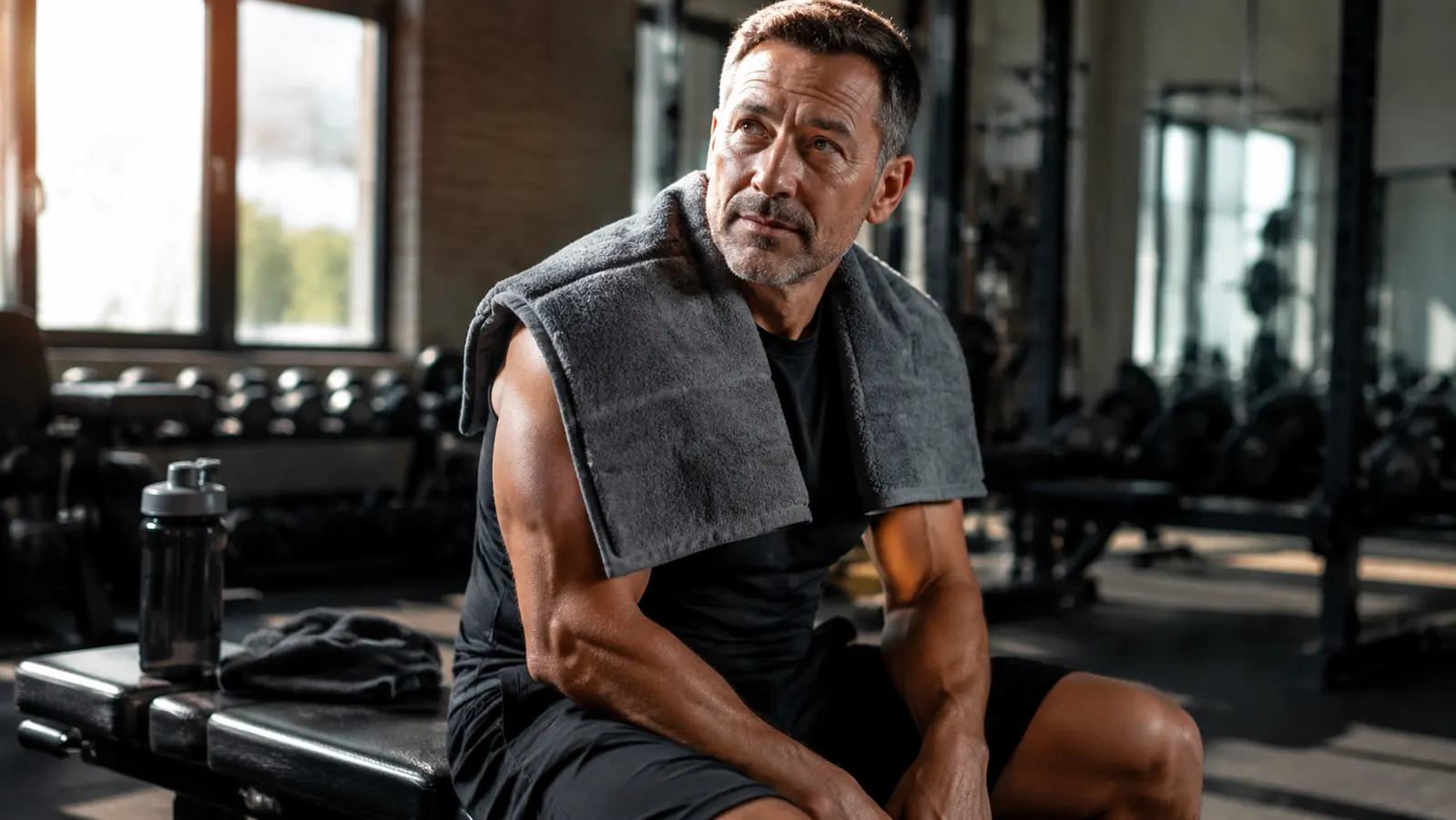 Person draping a heated massage pad across the back of their neck after a workout, seated on a gym bench