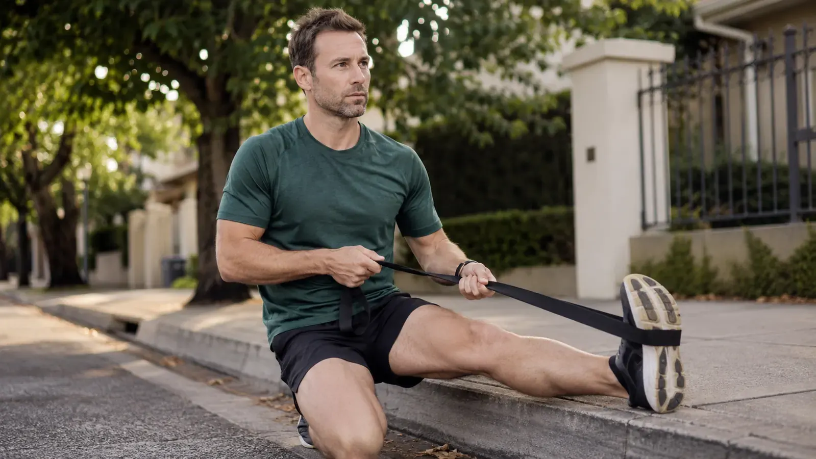 Person using a stretch strap on a hip flexor stretch outdoors after a morning run