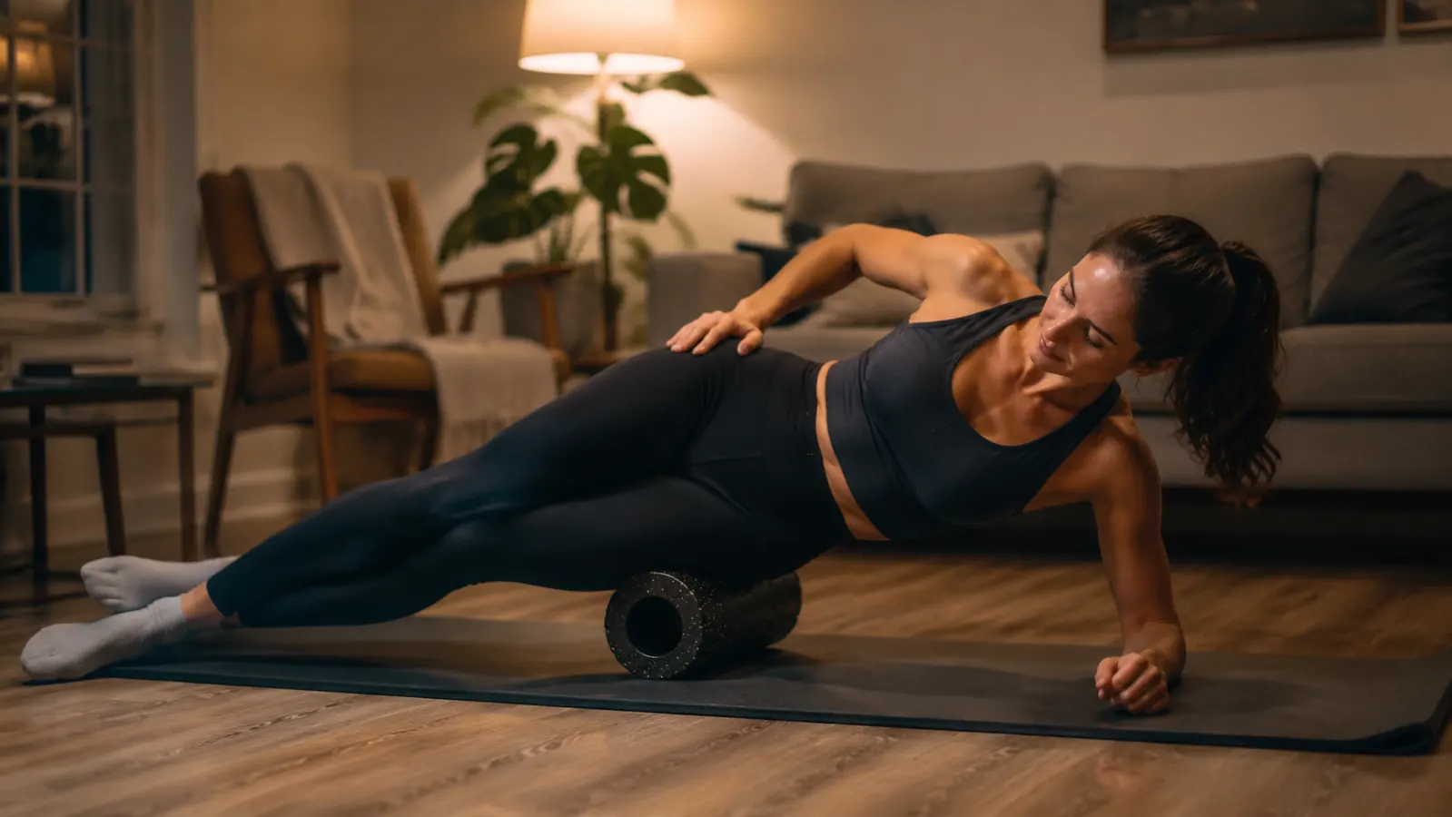 Active adult rolling out their IT band on a vibrating foam roller on a yoga mat at home