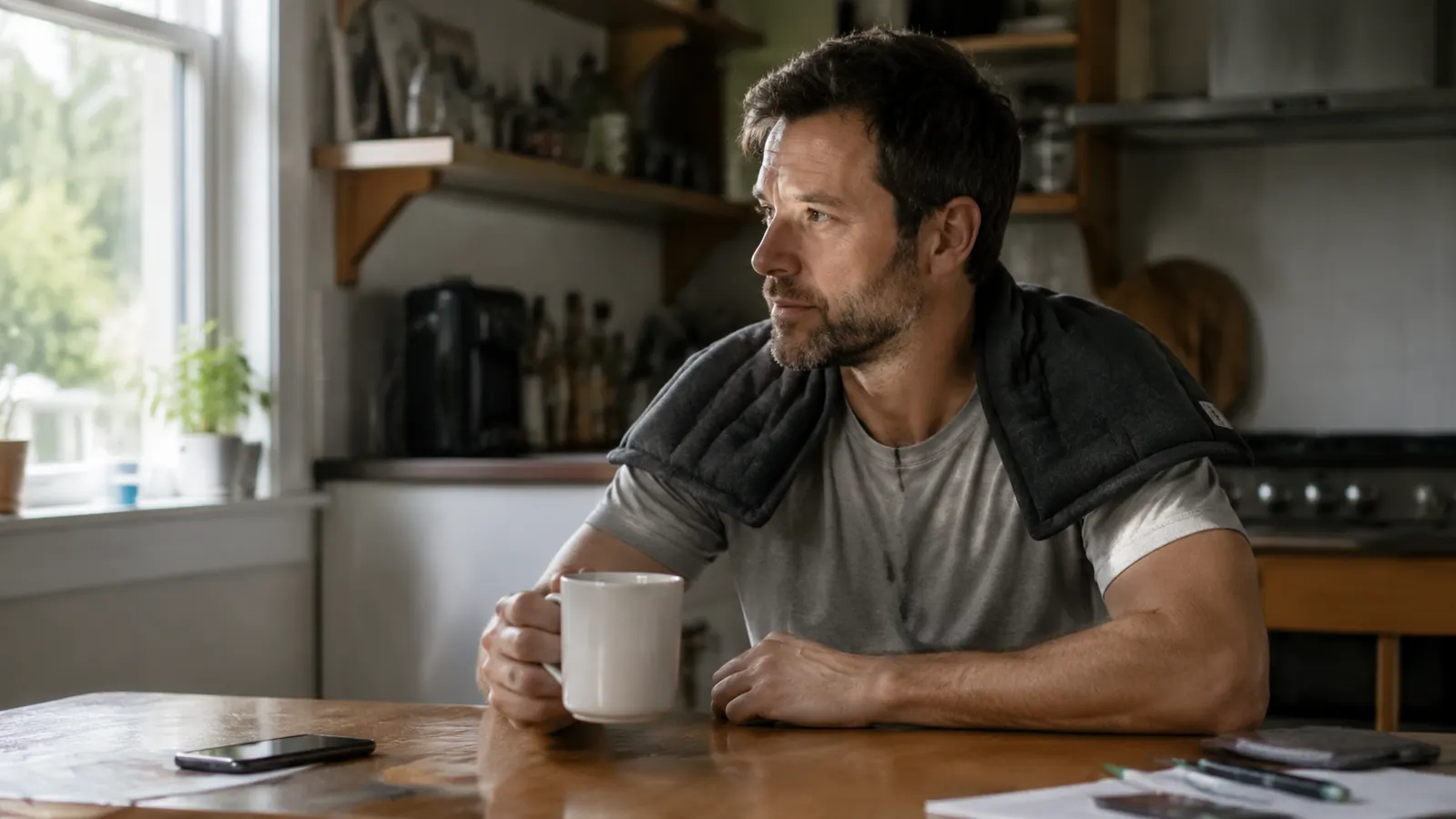 Man in his late 30s sitting at a kitchen table in the morning, dark weighted heating pad draped over his neck, holding a coffee mug, slightly skeptical expression