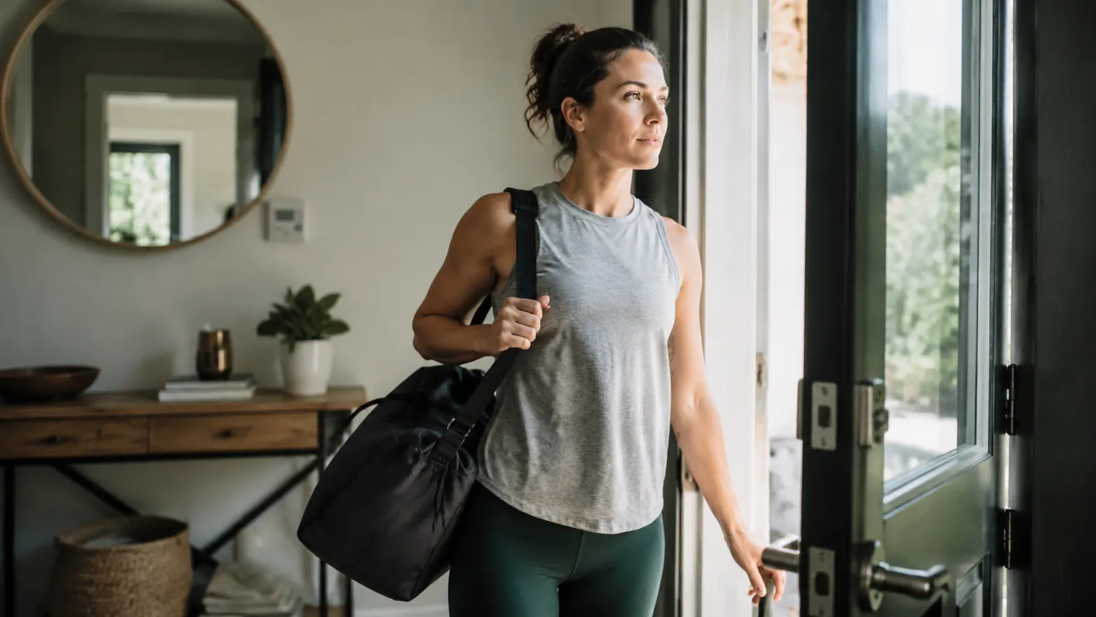 Person heading out the door with a gym bag, relaxed and upright posture, morning light