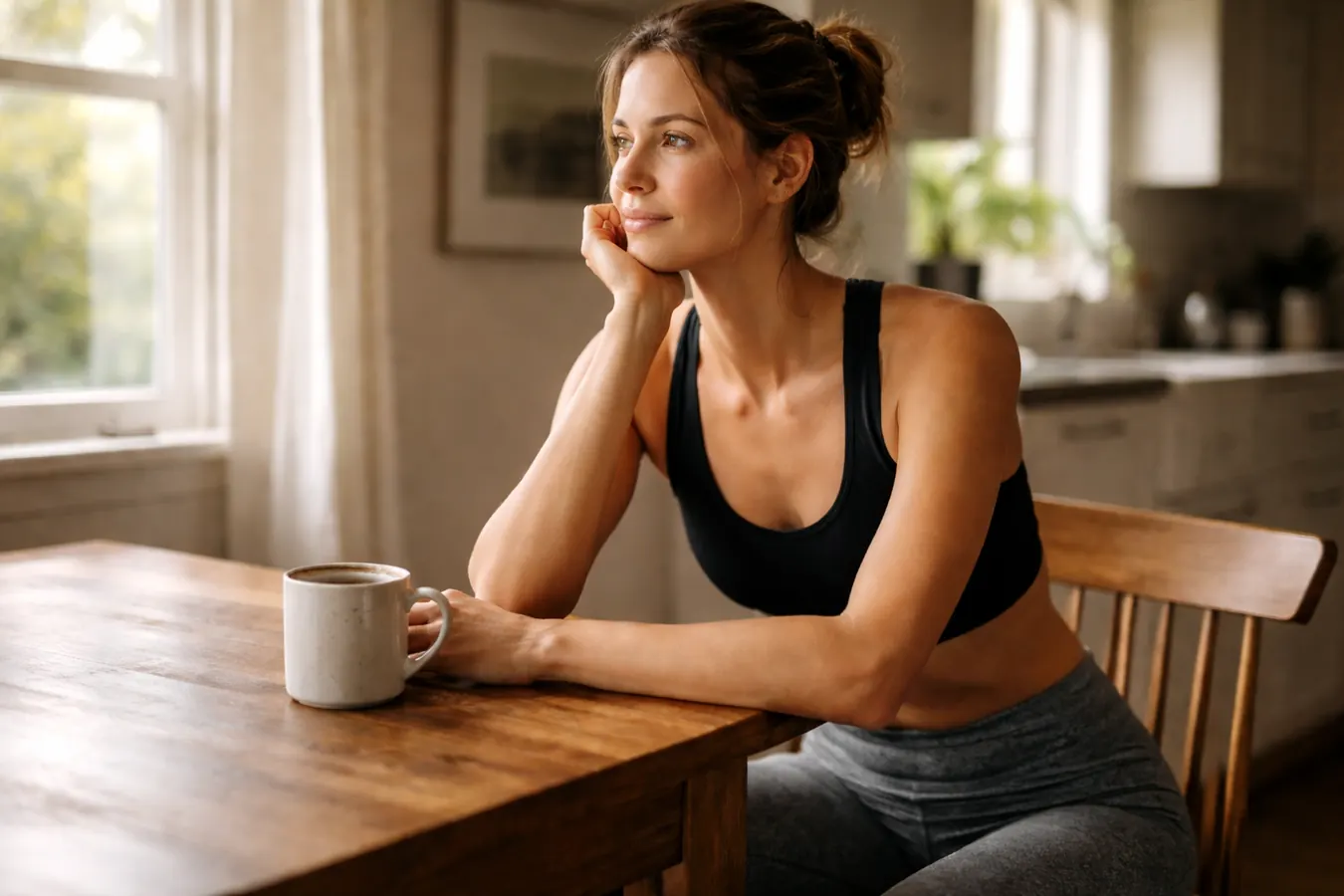 Person sitting at a kitchen table in the early morning, shoulders relaxed, soft natural light through the window