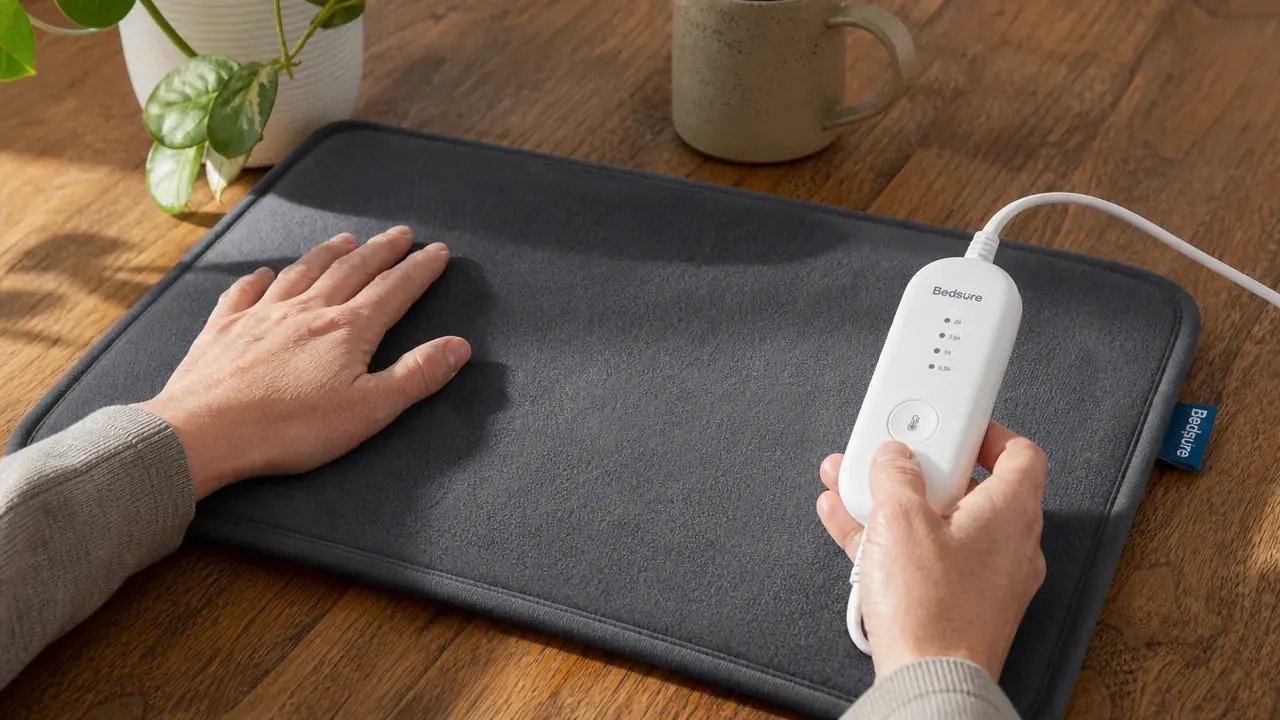 Close-up of the Bedsure heating pad control panel showing heat and vibration setting buttons being pressed by a thumb