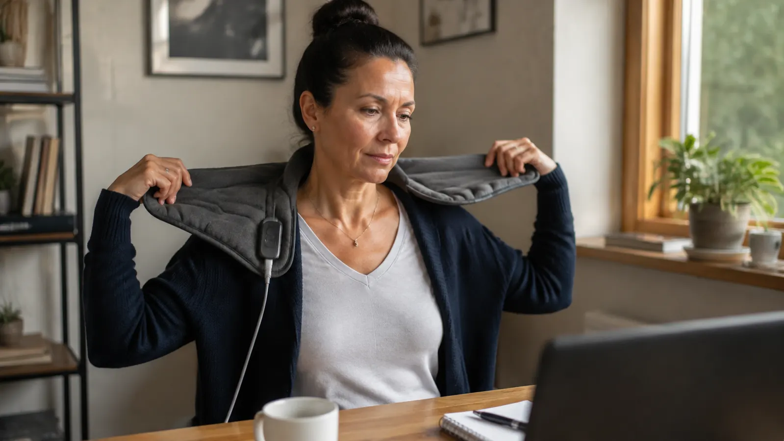 Person placing the heating pad on the back of a wooden chair and draping it around their neck while standing, demonstrating seated desk use