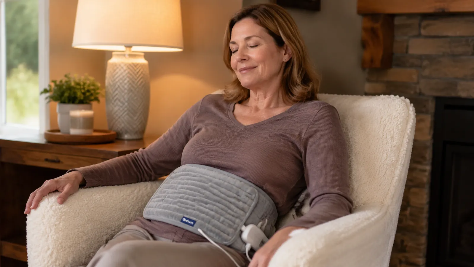 Person sitting in a dim living room with a dark teal heating pad draped across their neck and shoulders, eyes closed, resting after a workout