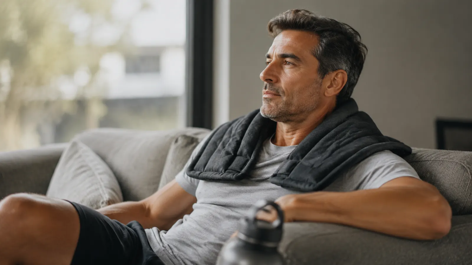 Person resting a weighted heating pad across their neck and shoulders on a couch after a workout