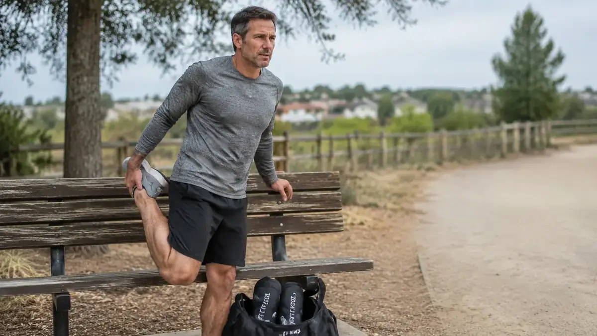 Runner stretching legs on a park bench post-run, compression sleeves visible in gym bag beside them