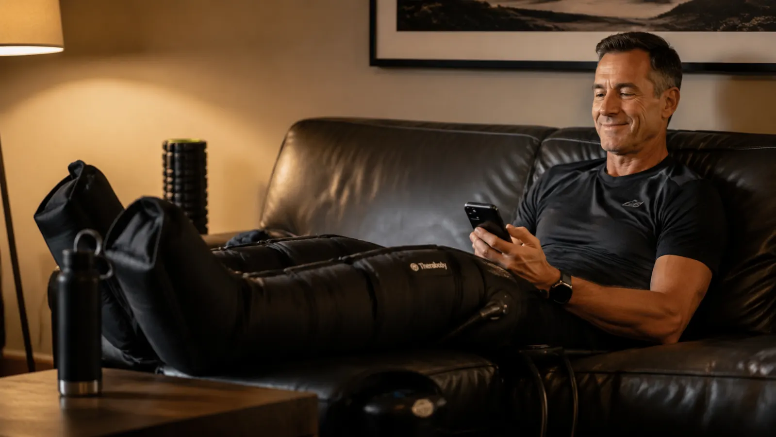 Person reclining on a couch with FIT KING air compression leg sleeves inflated around both calves, soft evening light, recovery setup visible nearby