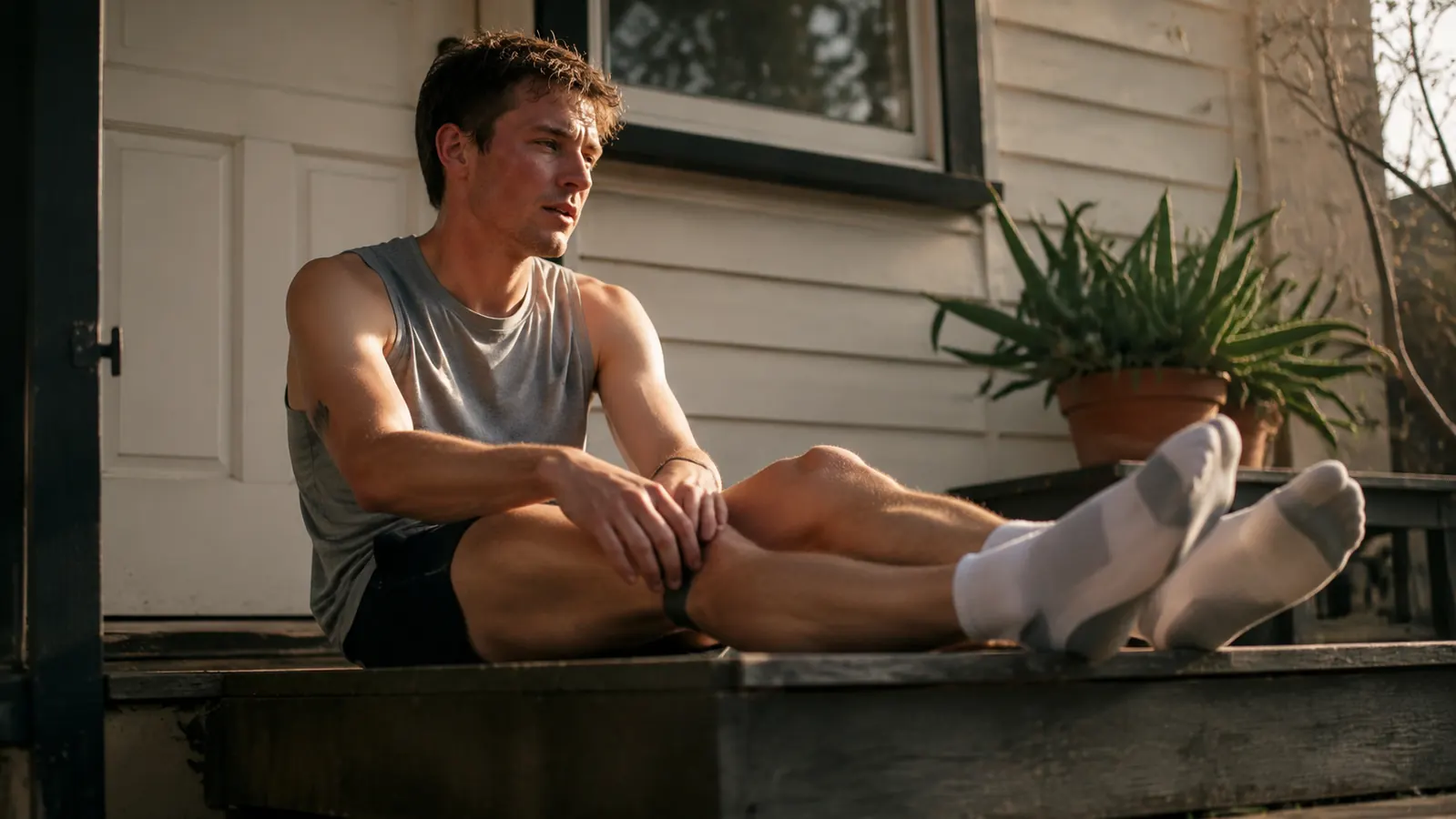 Runner sitting on a porch step after a long run, legs elevated and visibly fatigued, late afternoon light