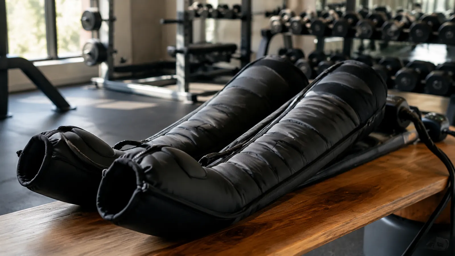 Two pairs of compression boots side by side on a gym bench, one budget and one premium