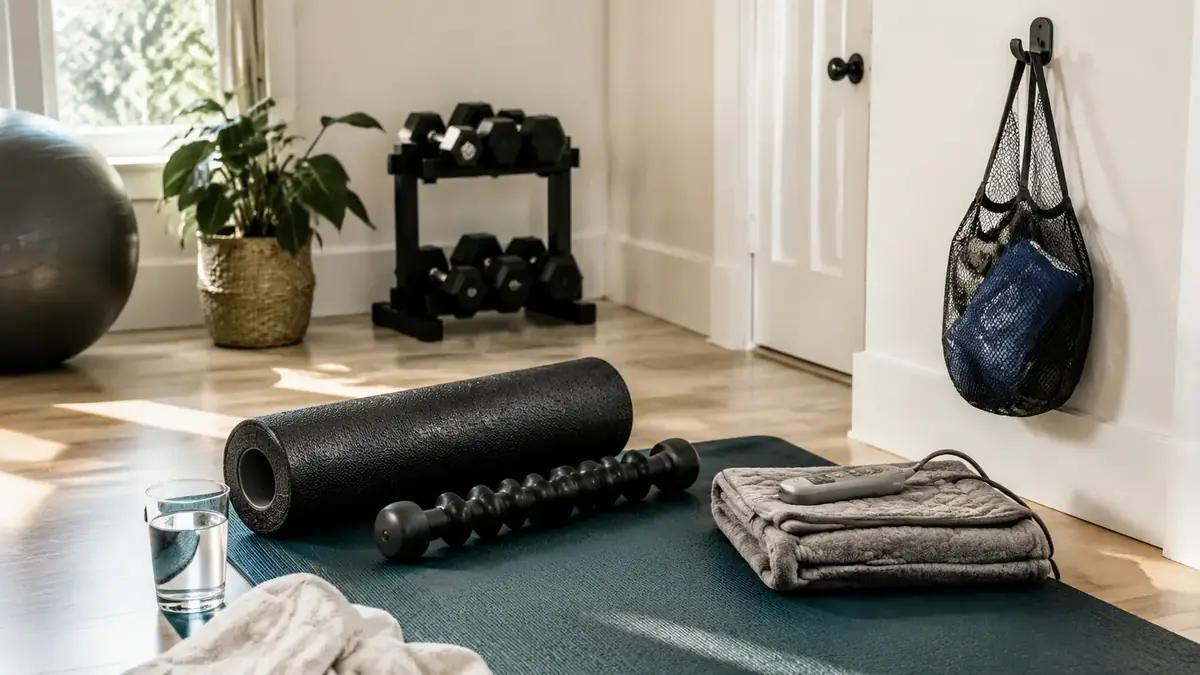 A lifter using a percussion massage gun on a sore quad in a home gym after a workout