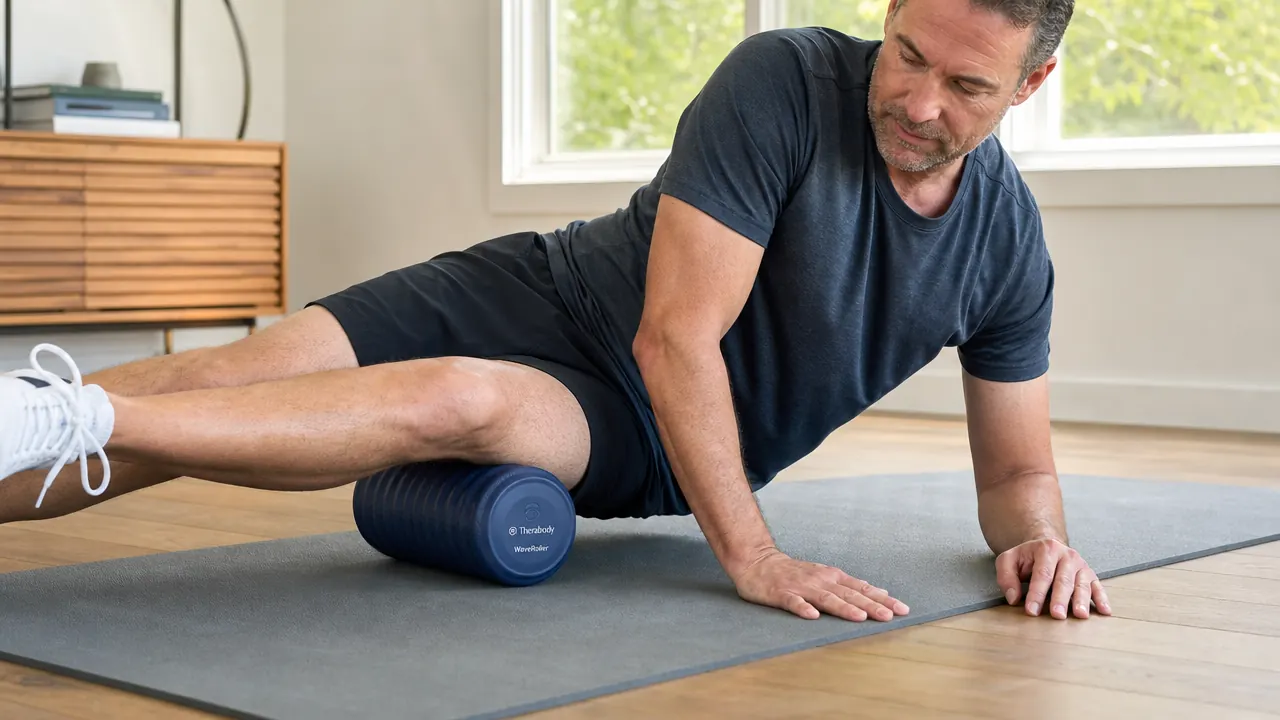 Close-up of hands positioning the Therabody WaveRoller under the IT band on a gym mat
