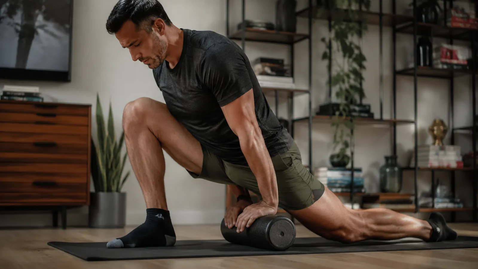 Person in a lunge position foam rolling their hip flexor area on a yoga mat