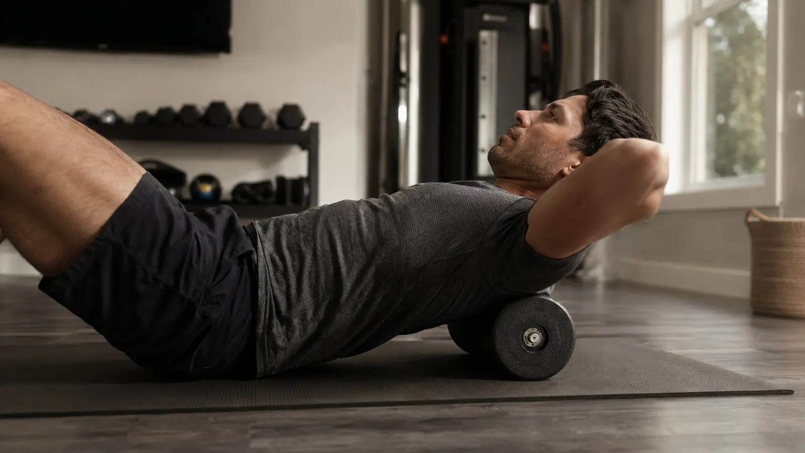 Person foam rolling their upper back on a gym mat with a vibrating foam roller, morning light through window