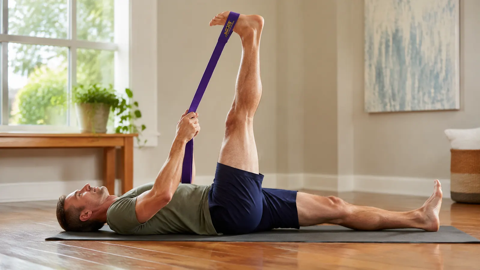 Person lying on their back using a strap to guide a hamstring stretch, legs at a controlled angle