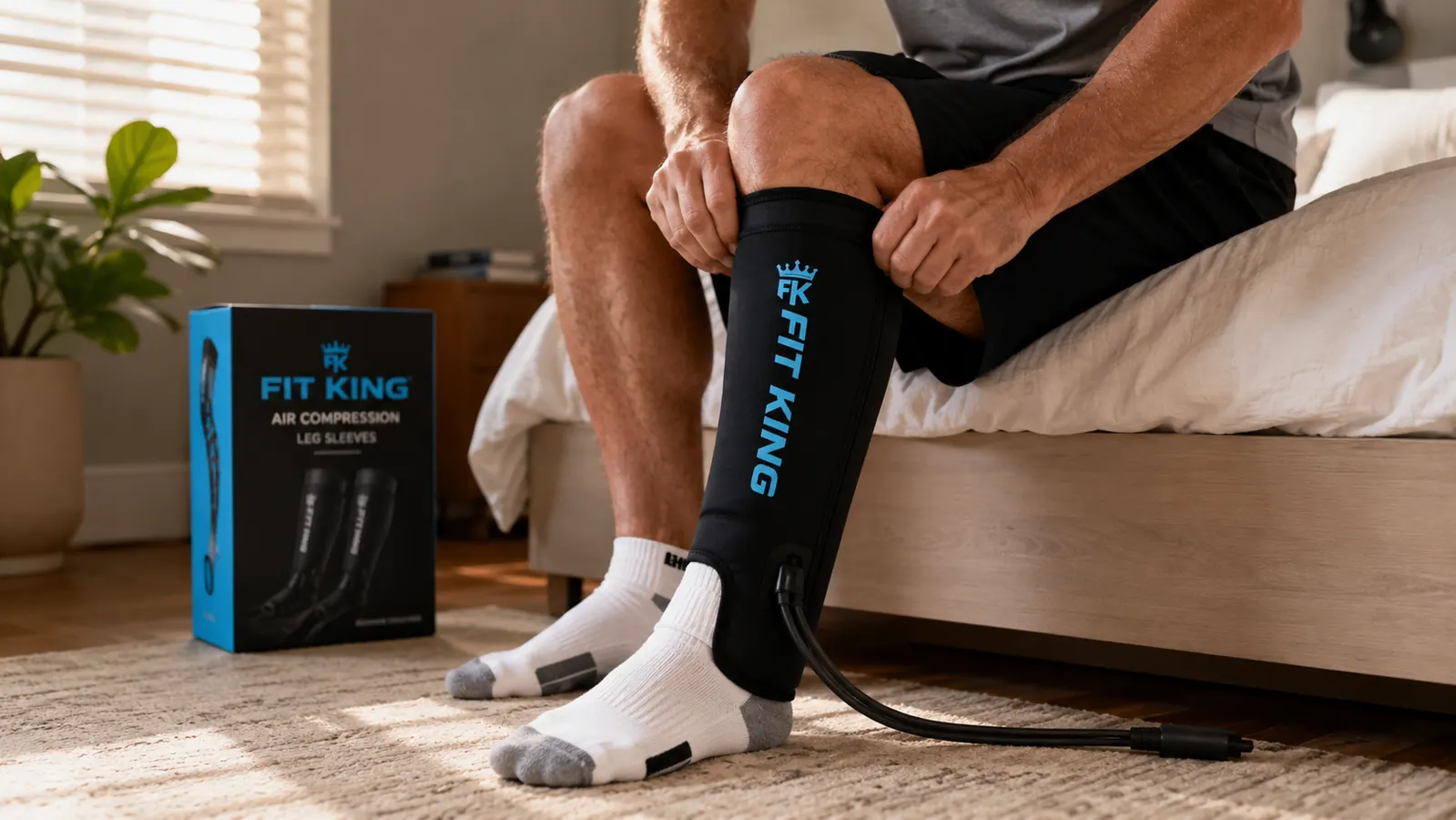Close-up of compression boot being slipped onto a leg after a run