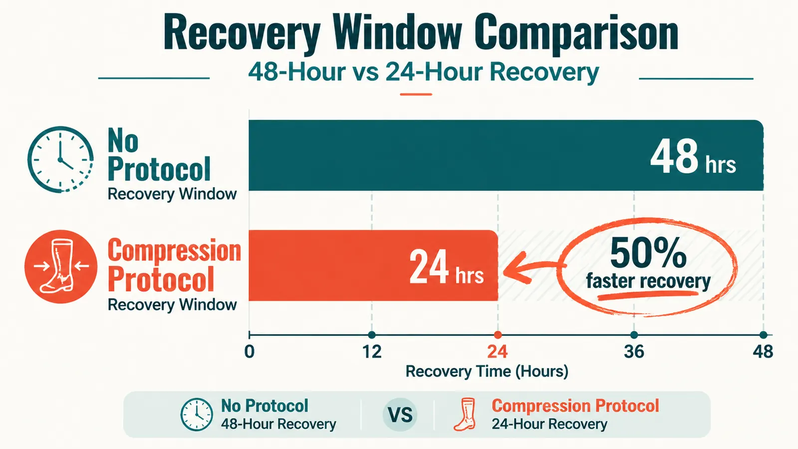 Timeline chart showing recovery window with and without compression therapy