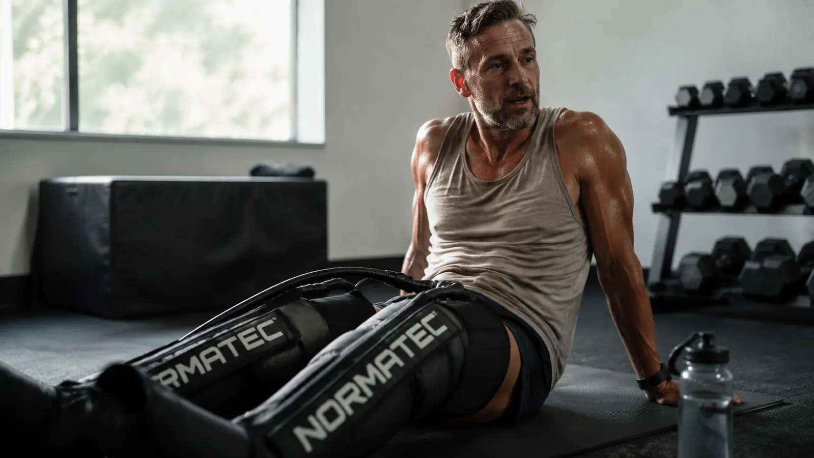 Runner sitting on gym floor with compression boots on both legs after a long run