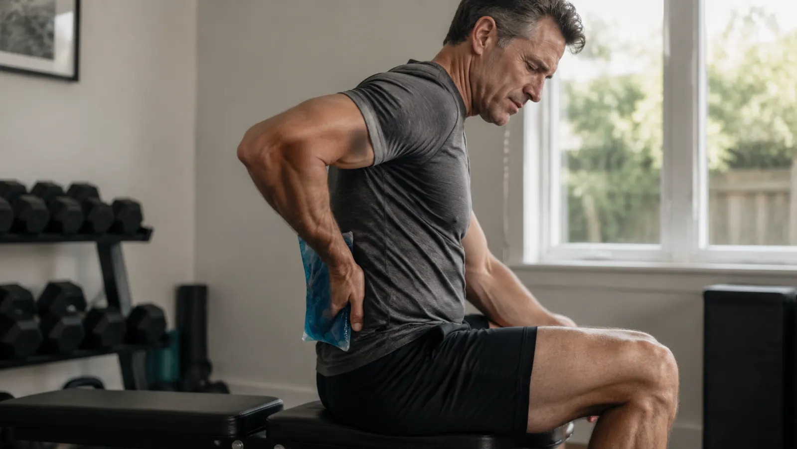 Active adult applying a reusable gel ice pack to their lower back after a workout, seated on a bench in a home gym