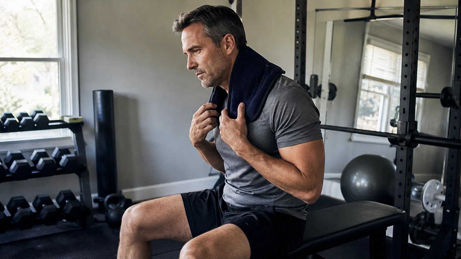 Person sitting on a bench in a home gym applying a heating pad to the back of their neck and shoulders after a workout, water bottle on the floor beside them