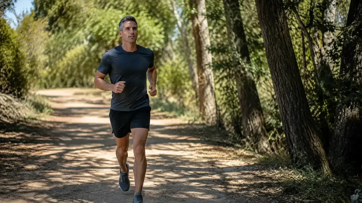 Person running on a trail path through trees, strong stride, wearing athletic shorts and a light long-sleeve shirt