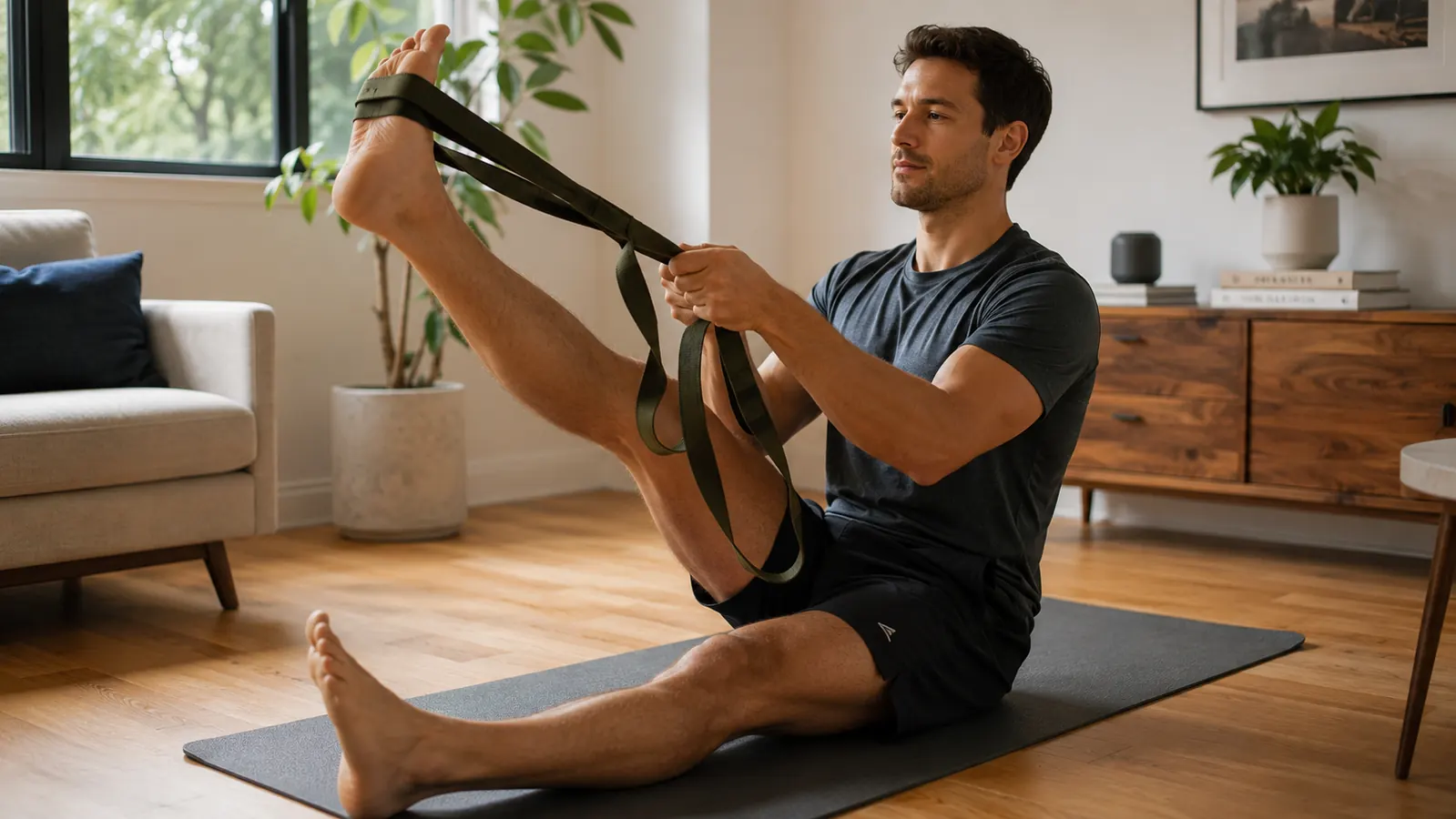 A person sitting on a yoga mat on a wood-floor living room, looping a long stretching strap around one foot and gently pulling the leg toward them, early morning light from a nearby window