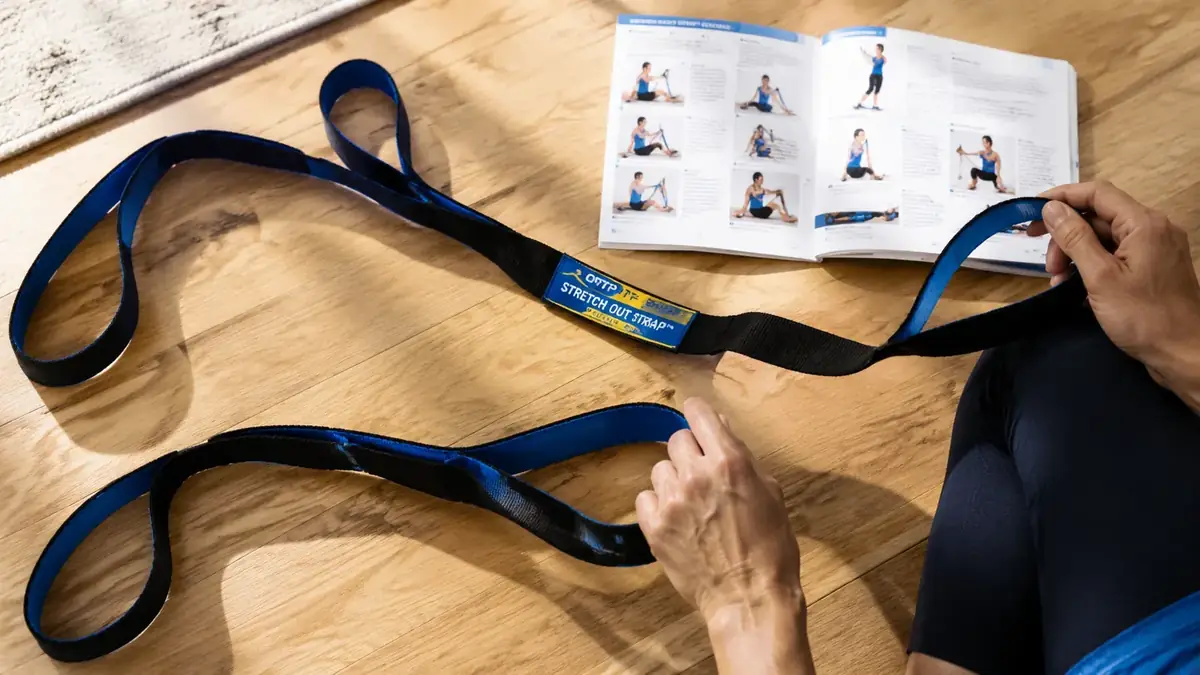 OPTP Stretch Out Strap laid flat next to the included exercise instruction booklet on a hardwood floor