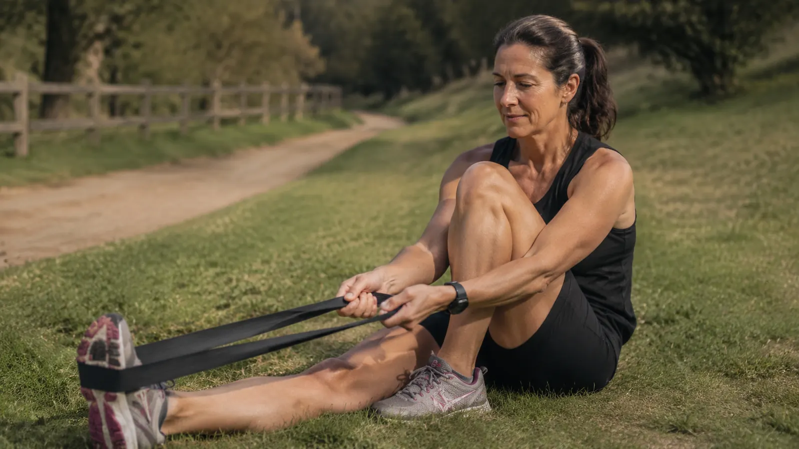 Active adult woman using a stretch strap for a calf and ankle stretch after a run outdoors