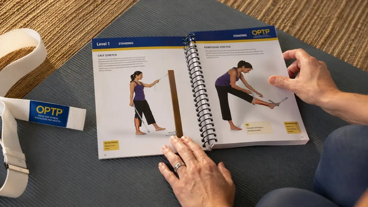 OPTP exercise book open to a hamstring stretch diagram alongside the strap on a mat