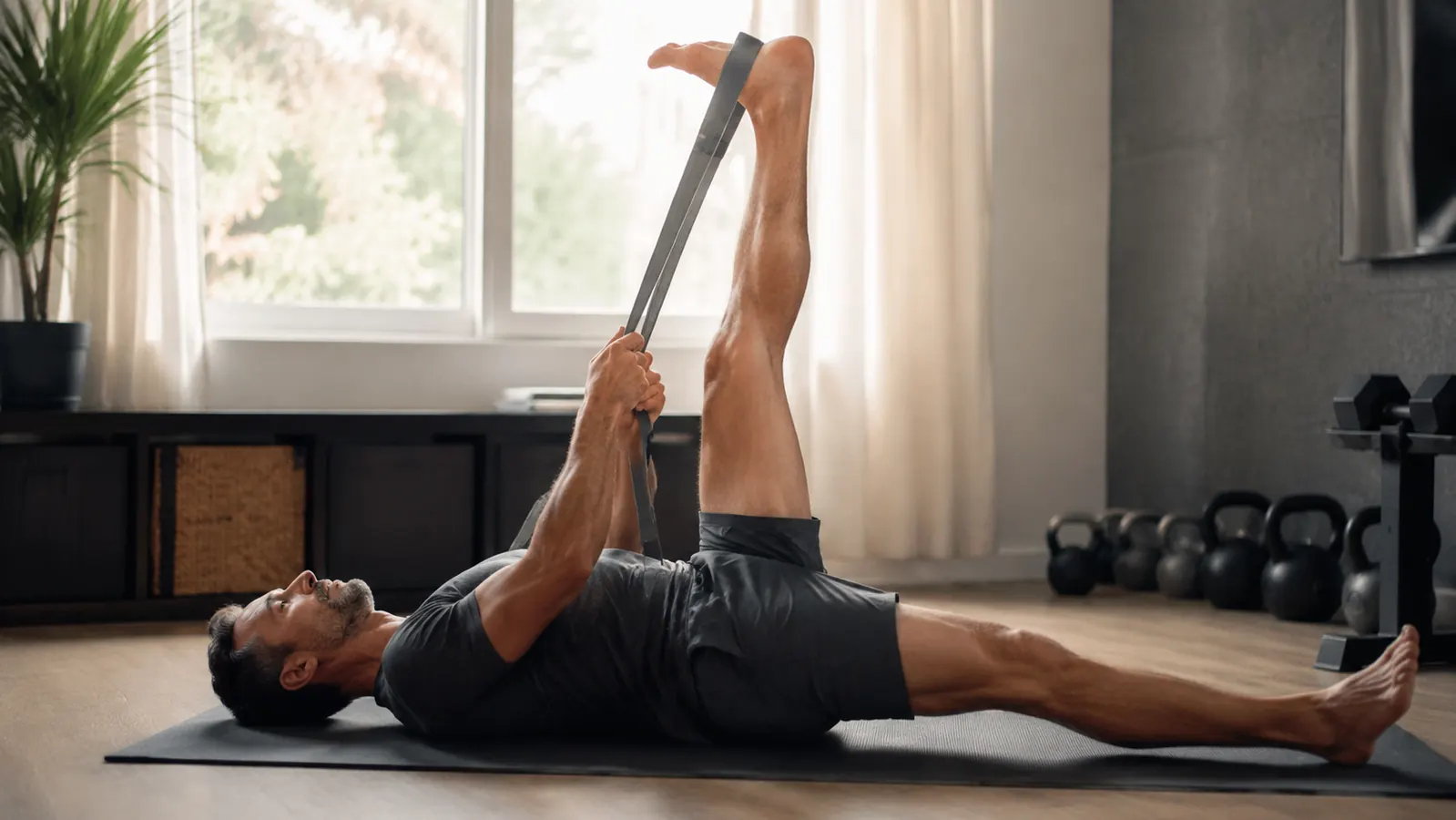 Person lying on a yoga mat using the OPTP Stretch Out Strap to stretch their hamstring, with morning light through a window