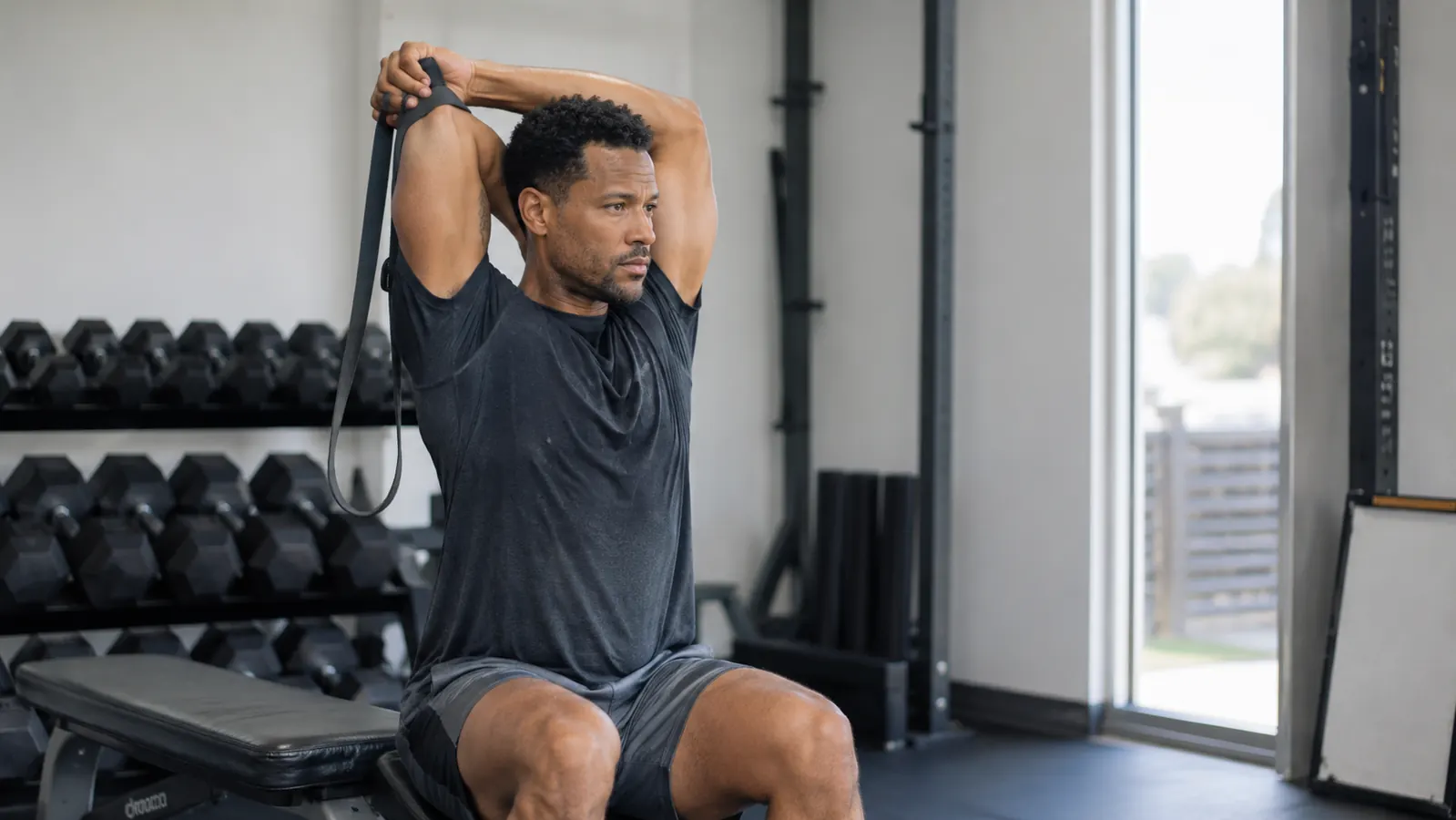 Person using the OPTP strap for a shoulder and triceps stretch while seated on a bench