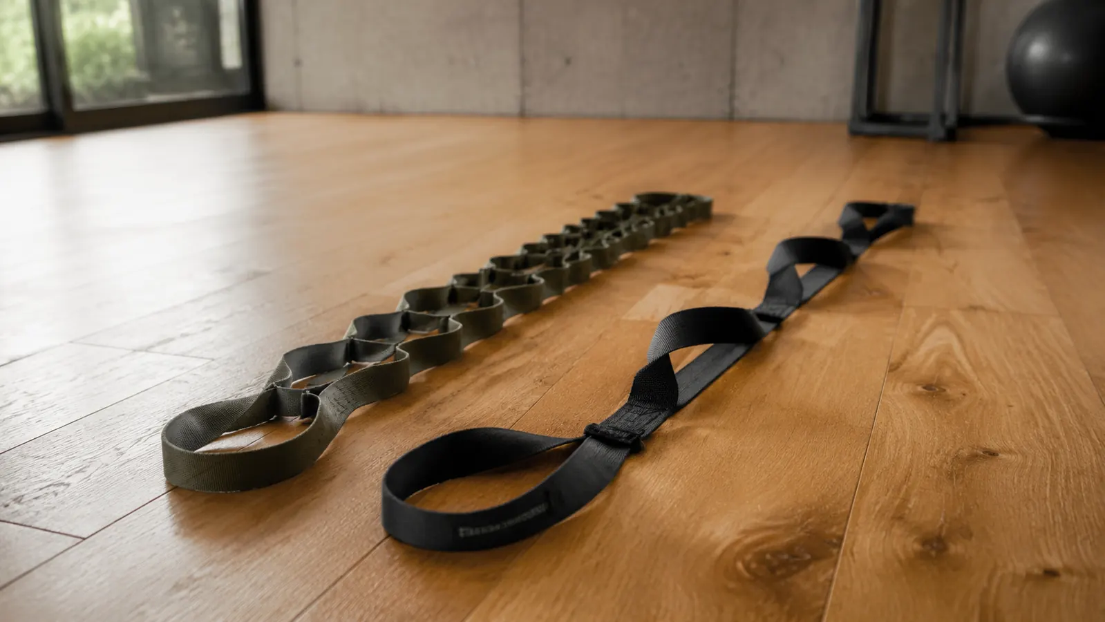 OPTP Stretch Out Strap laid flat next to a Tumaz yoga strap on a wood gym floor, showing loop count and color difference