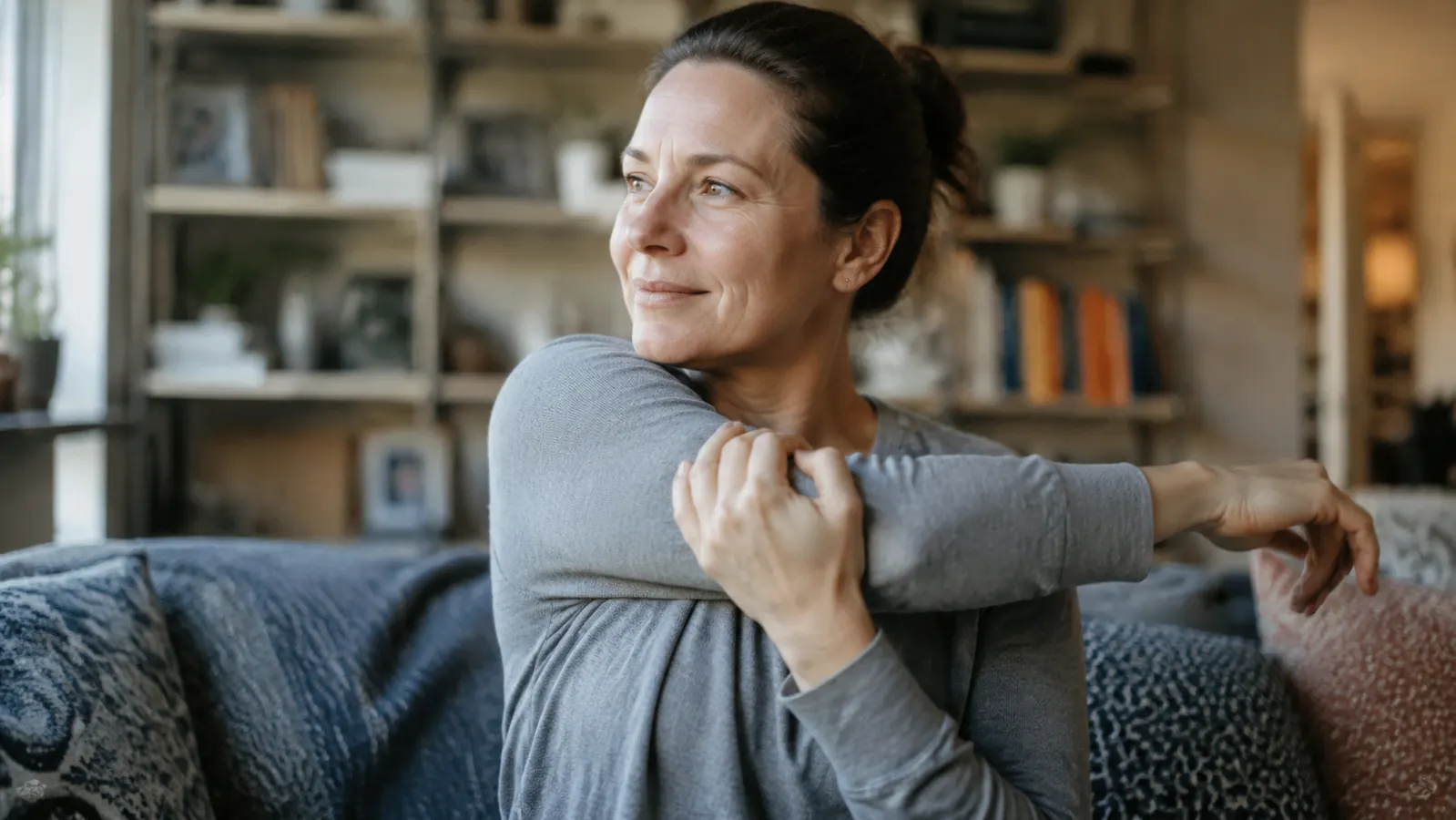 Person stretching their shoulder with a relaxed expression, visibly more comfortable than before