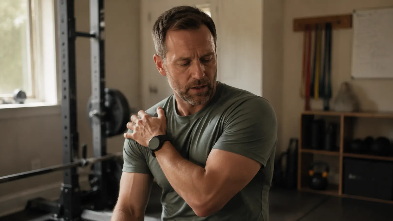 Person gently holding their shoulder after a workout, looking tired but determined, soft natural light in a home gym setting