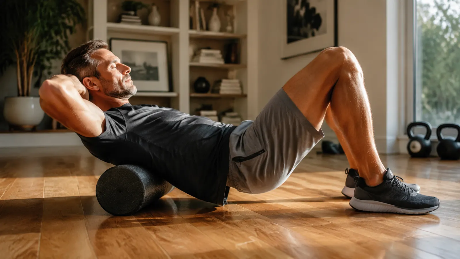 Person using a vibrating foam roller on a gym mat, soft morning light coming through a window