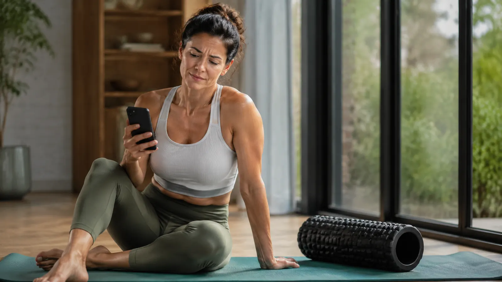 A woman in her late 30s sitting cross-legged on a yoga mat studying her phone, with a black vibrating foam roller resting beside her knee, natural light from a window