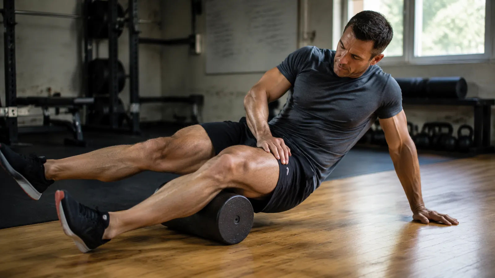A man in his 40s sitting on a gym floor rolling his IT band with a black vibrating foam roller, expression focused and relaxed