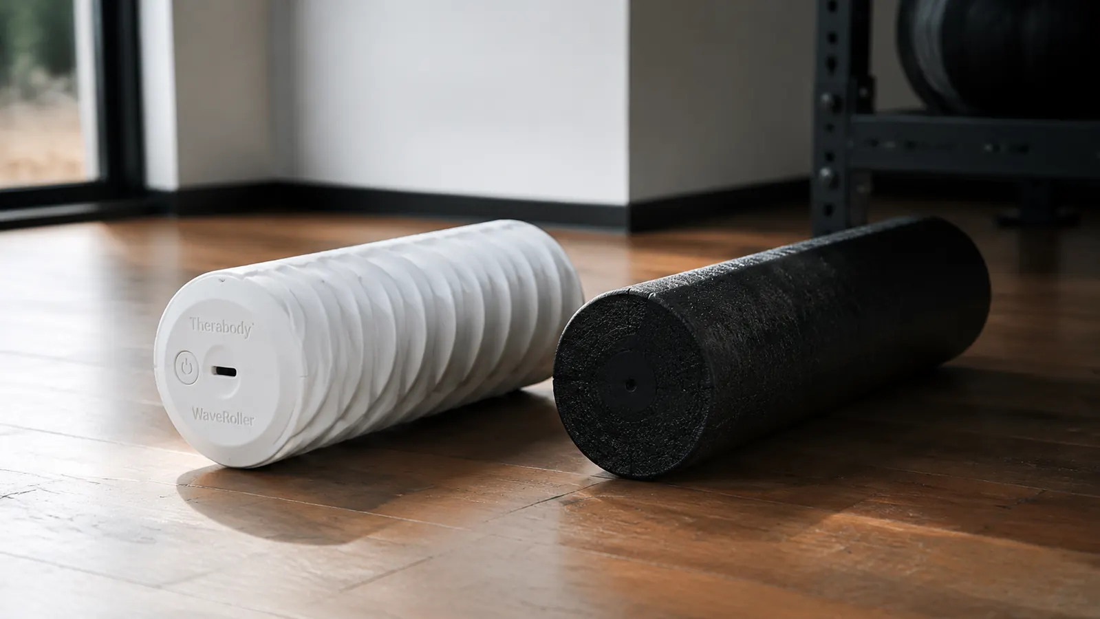 Therabody WaveRoller placed beside a plain black high-density foam roller on a hardwood gym floor